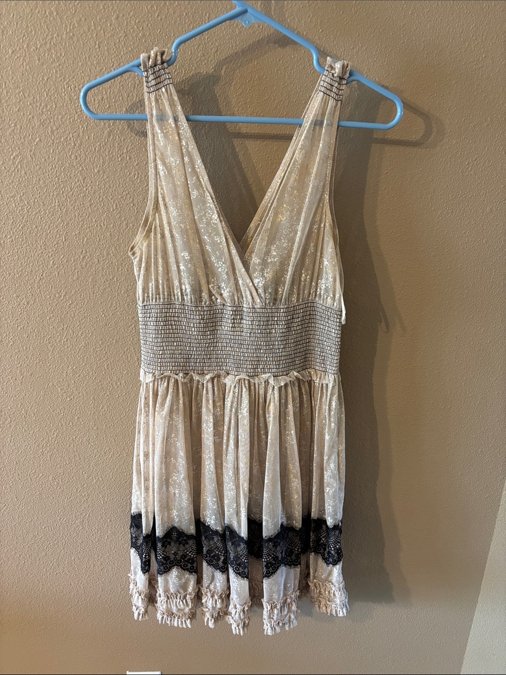 Free People Gold Sleeveless V-Neck Mini Dress with Black Lace Hem